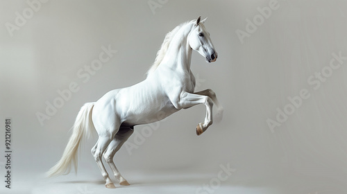 A realistic photo of a white horse standing on its hind legs against a light background