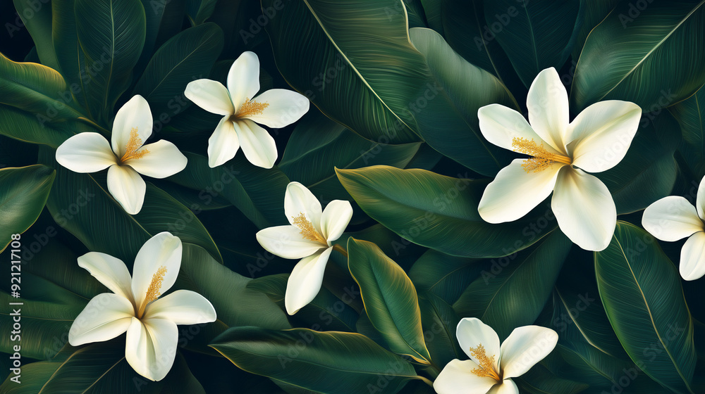 White frangipani plumeria flowers among green tropical leaves, texture background or wallpaper