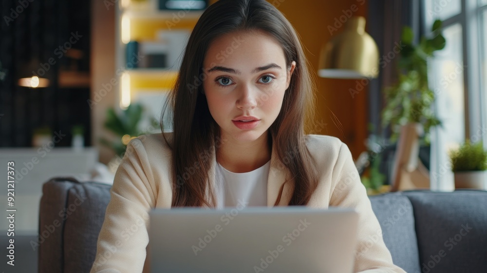 A businesswoman is sitting on a couch with a laptop in front of her A businesswoman is sitting on a couch with a laptop in front of her