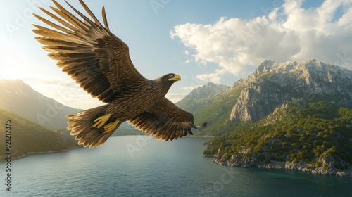 A large eagle is flying over a body of water with mountains in the background photo