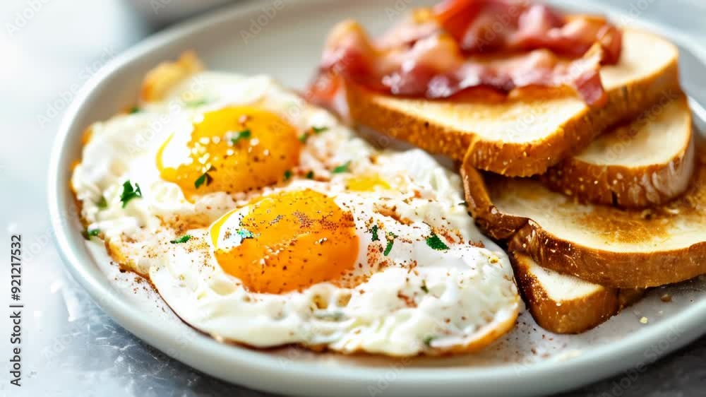 A plate with fried eggs, toast and bacon