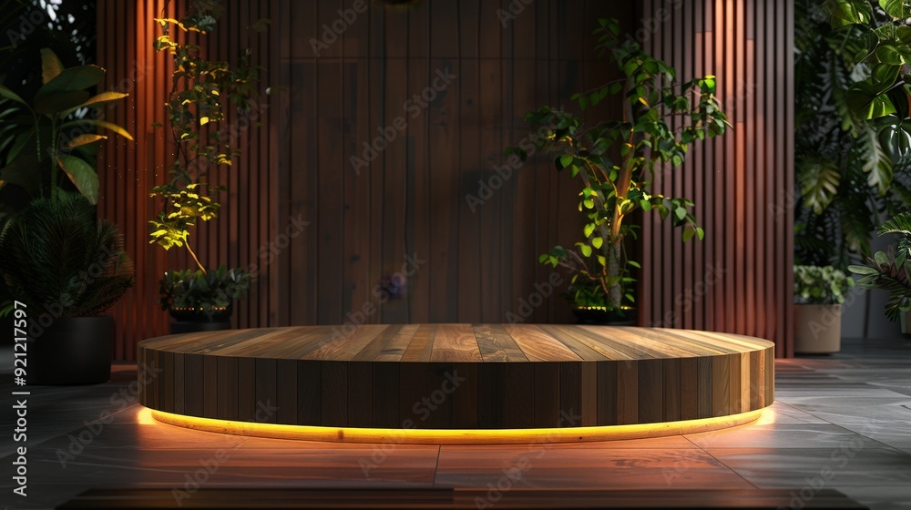 Fototapeta premium A wooden podium with integrated lighting, enhancing visibility and focus for speakers during evening events.