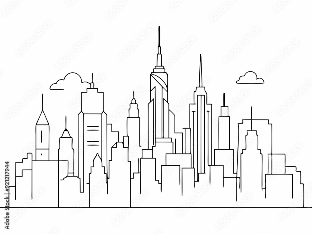 continuous single line drawing of abstract New York City skyline, line ...