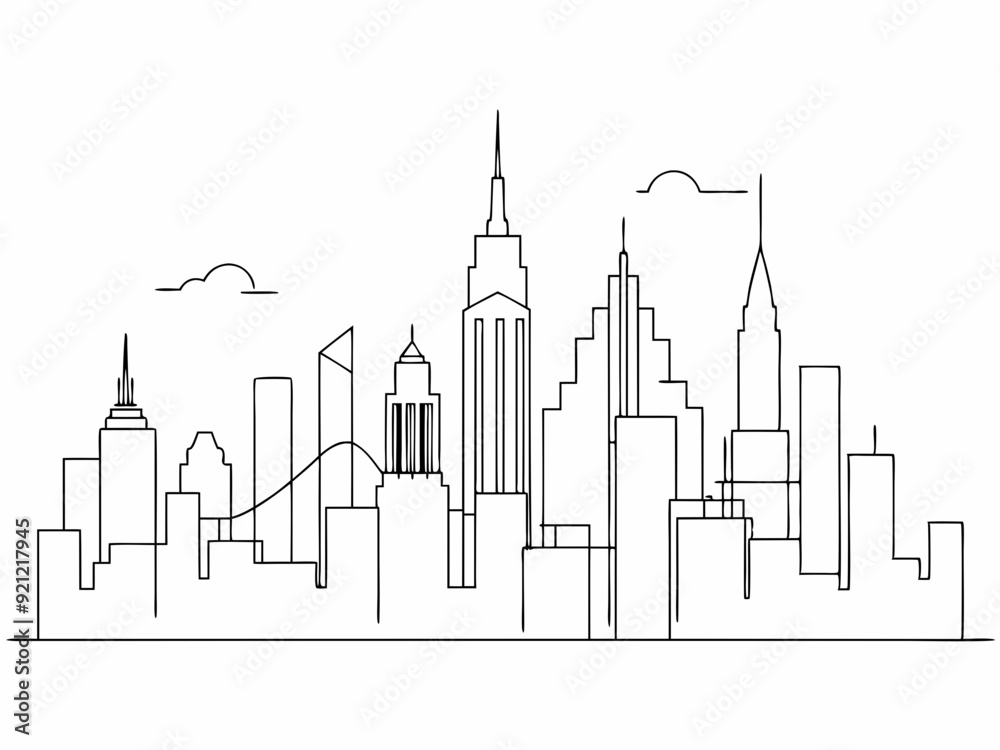 continuous single line drawing of abstract New York City skyline, line ...