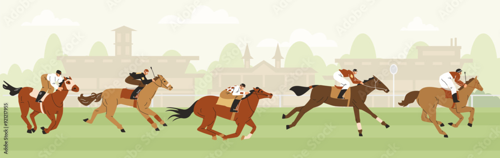 Εκτύπωση καμβά Horse racing on the hippodrome racetrack, jockeys sprinting on horses, vector Eq