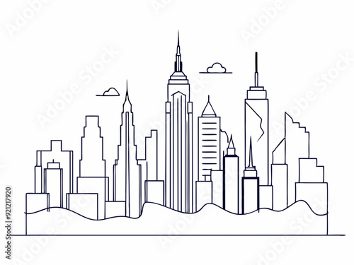 continuous single line drawing of abstract New York City skyline, line art NYC city scape vector illustration
