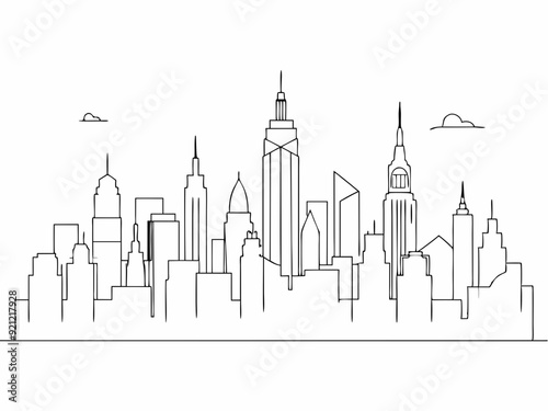continuous single line drawing of abstract New York City skyline, line art NYC city scape vector illustration
