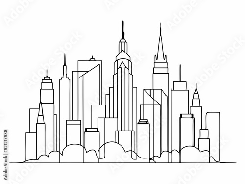 continuous single line drawing of abstract New York City skyline, line art NYC city scape vector illustration
