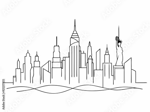 continuous single line drawing of abstract New York City skyline, line art NYC city scape vector illustration

