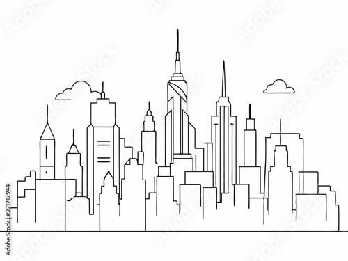 continuous single line drawing of abstract New York City skyline, line art NYC city scape vector illustration
