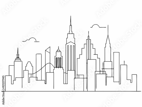 continuous single line drawing of abstract New York City skyline, line art NYC city scape vector illustration
