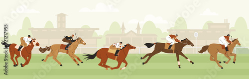 Horse racing on the hippodrome racetrack, jockeys sprinting on horses, vector Equestrian championship sport competition