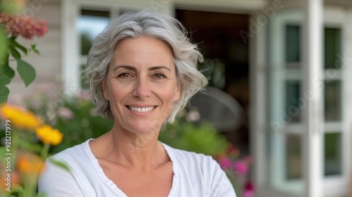 A cheerful older woman with grey hair smiling in a garden near a flowerbed. The outdoor setting is peaceful, showcasing a serene and vibrant atmosphere of a home garden.