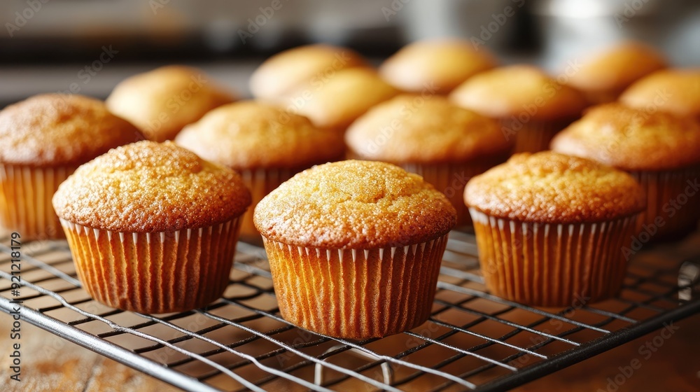 A batch of golden-brown muffins on a cooling rack, with room for copy or text above and below. A batch of golden-brown muffins on a cooling rack, with room for copy or text above and below.