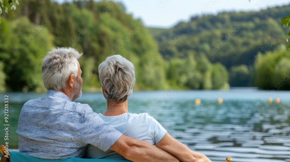 Fototapeta premium An elderly couple seated by a serene lake, embracing and enjoying the lush green surrounding and tranquil view, reflecting love, companionship, and peace in nature’s splendor.