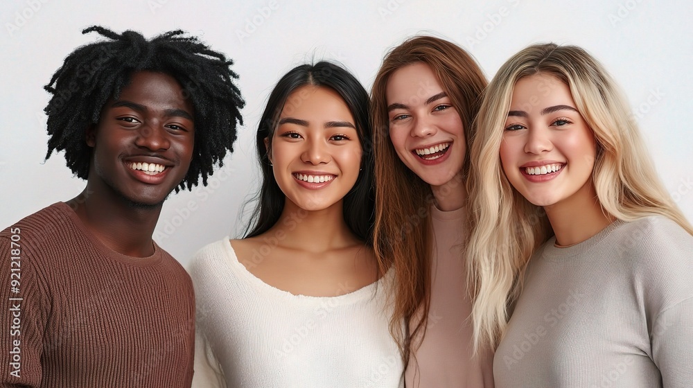 Diversity in Unity: Four diverse individuals radiate genuine smiles, highlighting the power of inclusion and representation in a portrait that celebrates the beauty of diversity. Diversity in Unity: Four diverse individuals radiate genuine smiles, highlighting the power of inclusion and representation in a portrait that celebrates the beauty of diversity.