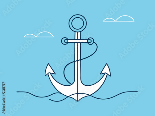 continuous single line anchor in sea, line art vector illustration
