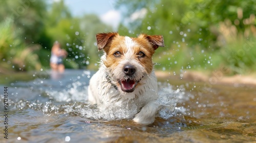 A dog frolics in the water near a riverbank on a sunny day, embodying playful energy, happiness, and connection with nature in a lively, picturesque outdoor scene of freedom and joy. photo