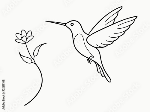 continuous single line drawing of hummingbird hovering while feeding at flower, line art vector illustration
