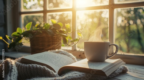 A serene morning scene with a cup of coffee, an open book, and sunlight streaming through the window.