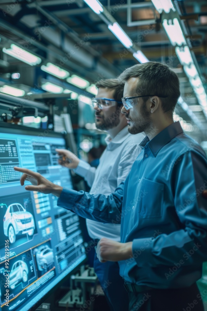 Engineers Analyzing Assembly Line Efficiency with Real-Time Data in Busy Car Factory