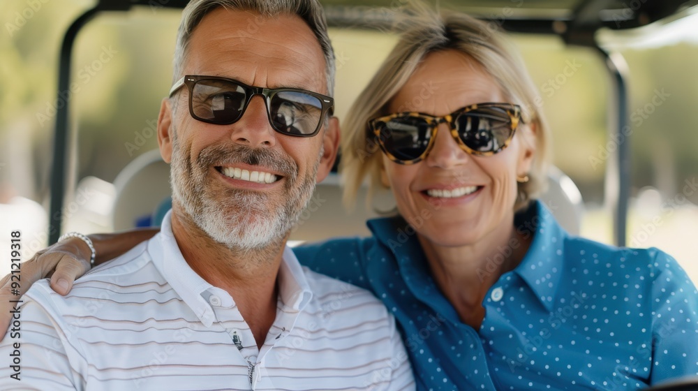 A joyful older couple, riding in a golf cart, smiles at the camera, representing their playful and relaxed lifestyle filled with happiness, leisure, and companionship. A joyful older couple, riding in a golf cart, smiles at the camera, representing their playful and relaxed lifestyle filled with happiness, leisure, and companionship.