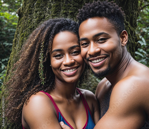 A man and woman are hugging each other in a forest