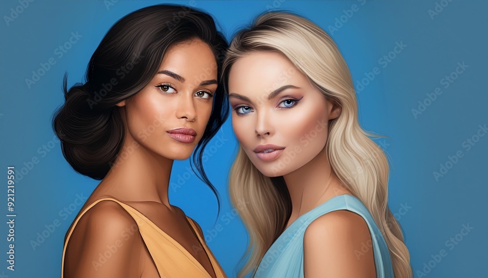 portrait of a brunette woman and a blonde woman on blue background portrait of a brunette woman and a blonde woman on blue background
