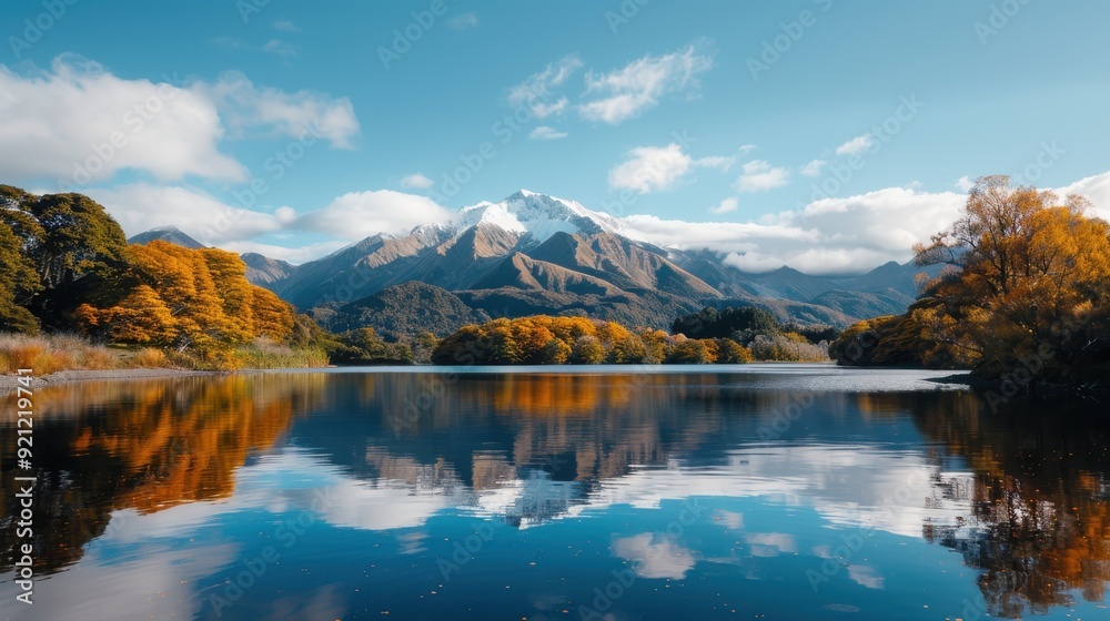 A breathtaking view of snow-capped mountains reflected perfectly in a calm, clear lake, framed by autumnal trees along the shoreline, in an idyllic setting. A breathtaking view of snow-capped mountains reflected perfectly in a calm, clear lake, framed by autumnal trees along the shoreline, in an idyllic setting.