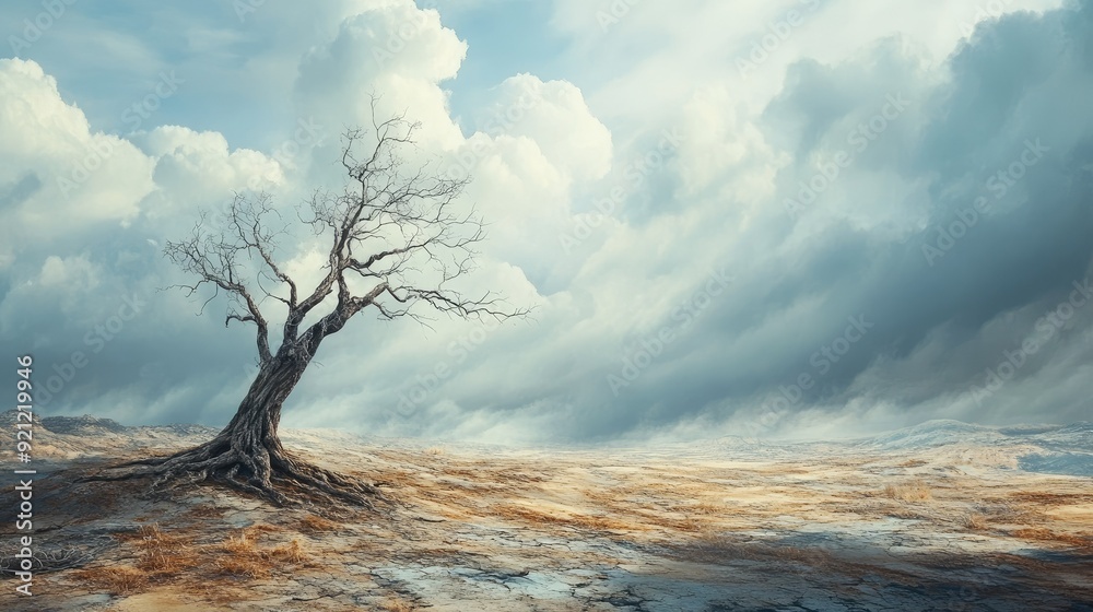 A drought-stricken landscape with a withered tree, leaving plenty of space for text in the barren scene. A drought-stricken landscape with a withered tree, leaving plenty of space for text in the barren scene.