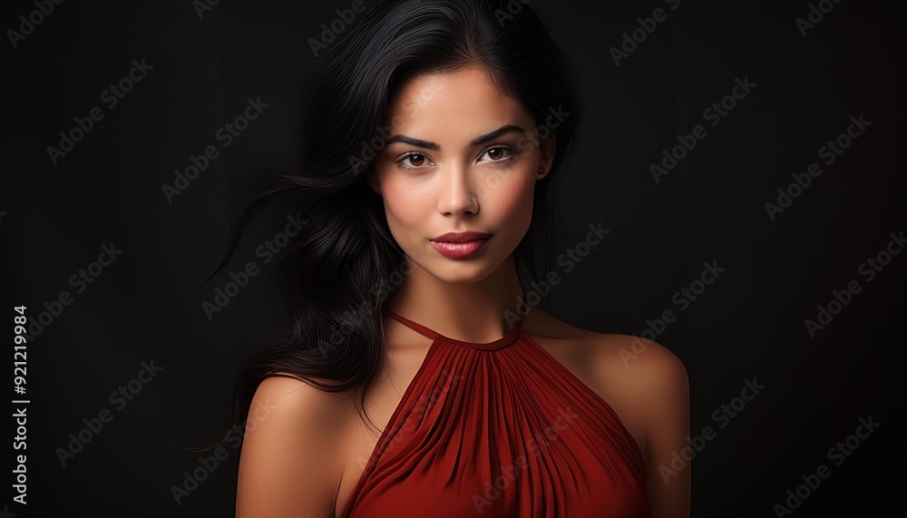 studio portrait of brunette woman wearing a red dress on black background studio portrait of brunette woman wearing a red dress on black background