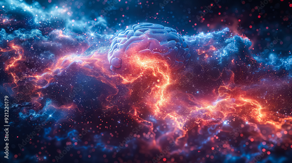 A brain is floating in space with a fiery orange cloud surrounding it. The brain is surrounded by a galaxy of stars and clouds, giving the image a sense of wonder and mystery A brain is floating in space with a fiery orange cloud surrounding it. The brain is surrounded by a galaxy of stars and clouds, giving the image a sense of wonder and mystery