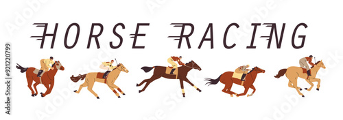 Horse racing vector flat banner design, Jockeys sprinting on a horse, animal sport competition, equestrian championship