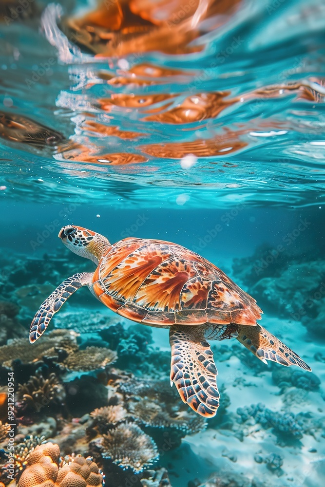 Fototapeta premium Sea turtle swimming over coral reef in clear blue water