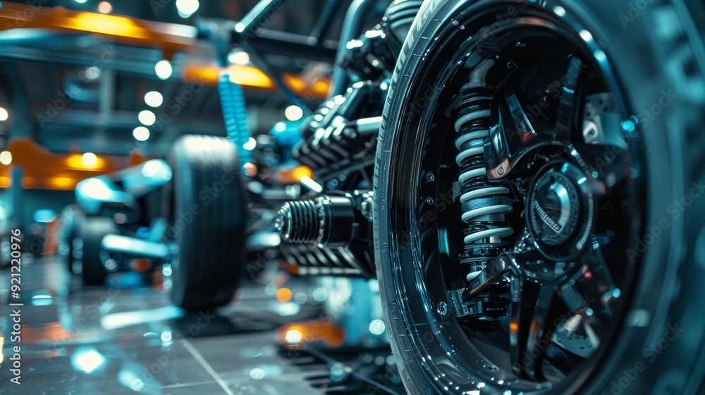 Obraz premium High Performance Car Suspension System Close-Up for Modern Sports Car Design and Engineering