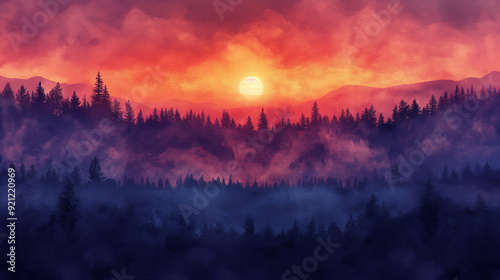 A painting of a forest with a large sun in the sky