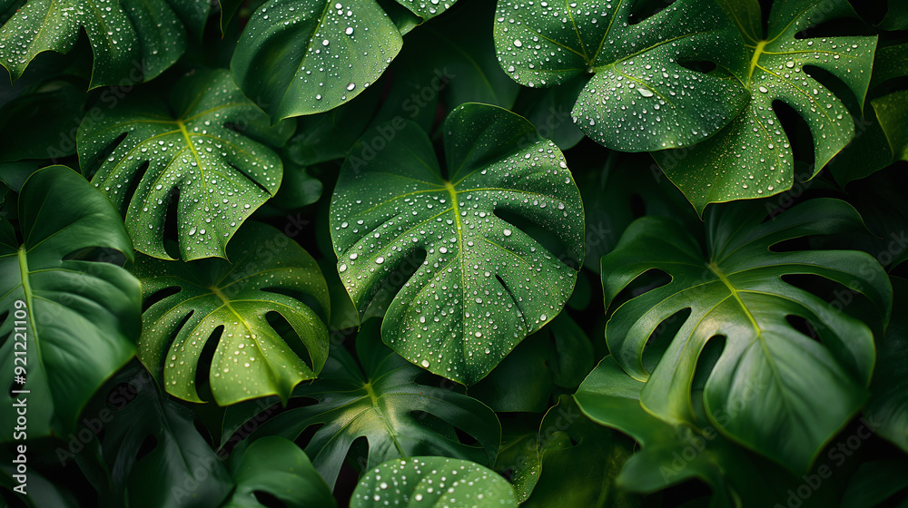 Fototapeta premium A close up of a bunch of green leaves with droplets of water on them