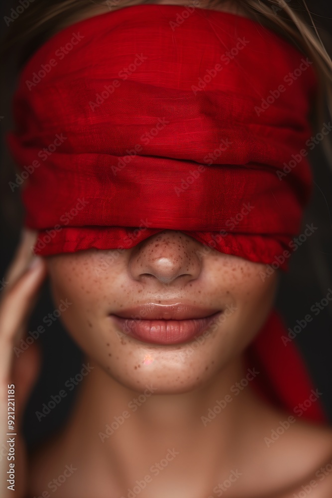 closeup woman red blind covering eyes freckled face blindfold sense wonder long clothes silk see evil slight freckles blindfolded devotion linen tease closeup woman red blind covering eyes freckled face blindfold sense wonder long clothes silk see evil slight freckles blindfolded devotion linen tease