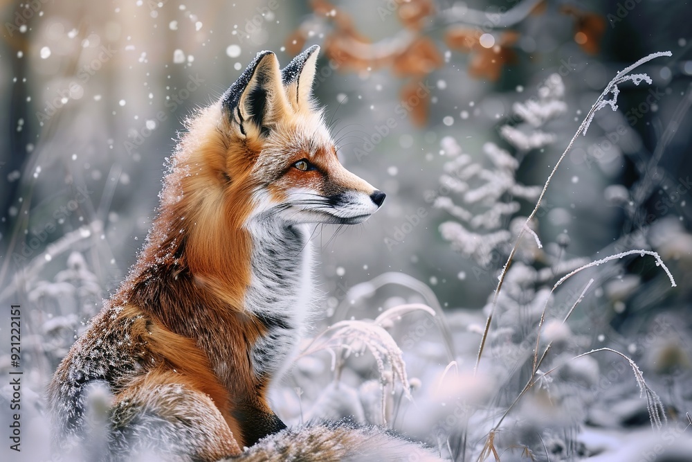 Red fox in snowy forest, looking alert and wild. Red fox in snowy forest, looking alert and wild.