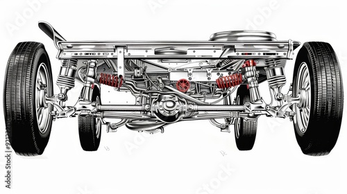 Detailed Cross-Section of Car's Front and Rear Suspension Systems Highlighting Engineering Differences