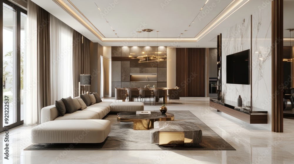 A large living room with a white couch, a coffee table, and a brown ottoman A large living room with a white couch, a coffee table, and a brown ottoman