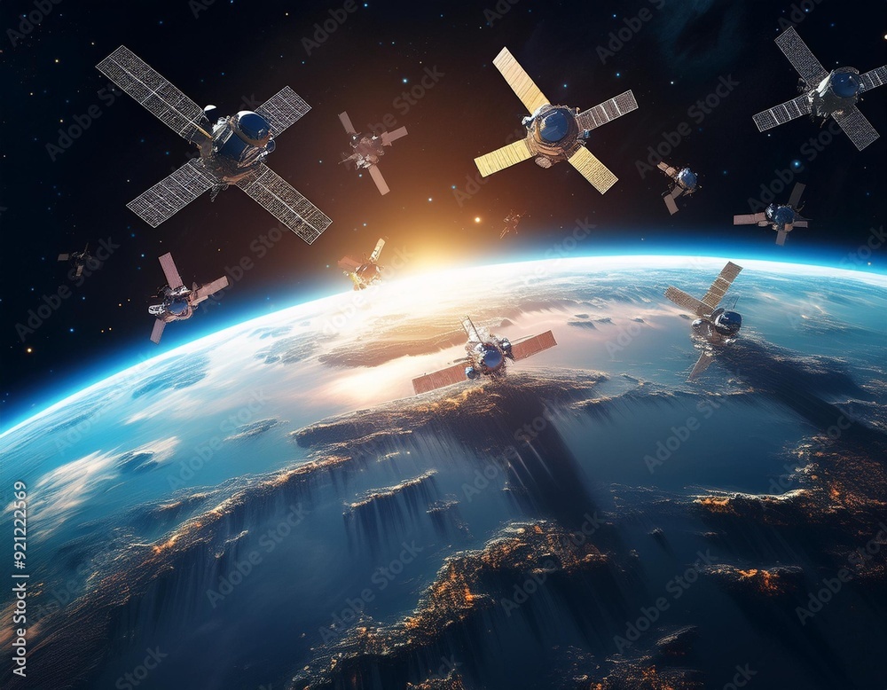 Fototapeta premium Many Satellites Flying over Earth as Seen from the Space