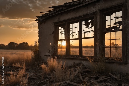 abandoned house interior at sunset 