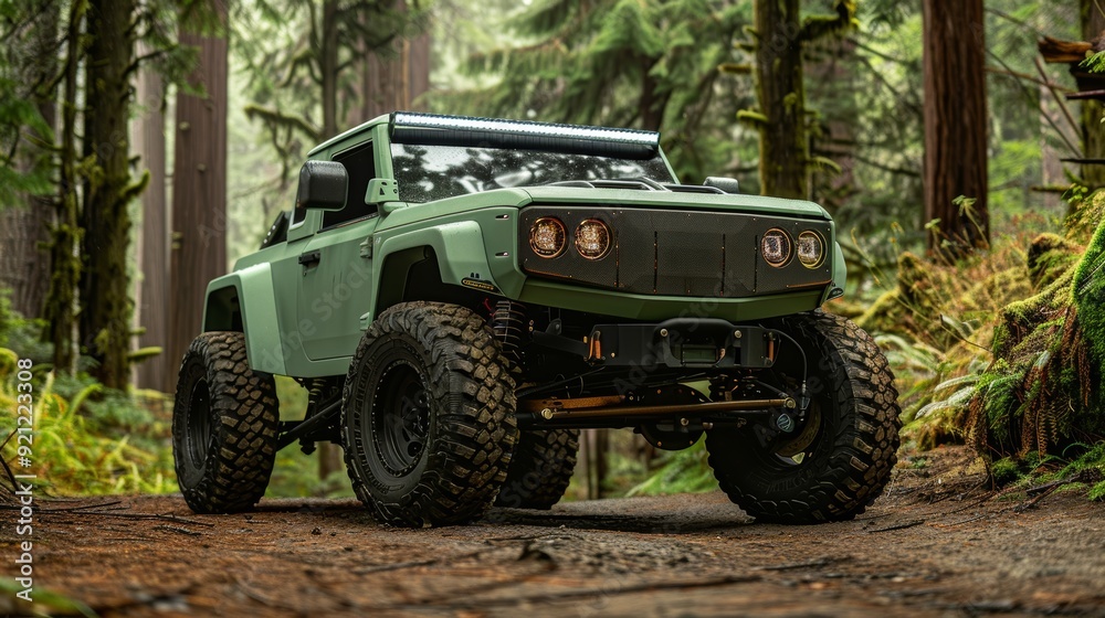 Rugged Off-Road Truck with Large Tires and Matte Green Finish in a Forest Setting Rugged Off-Road Truck with Large Tires and Matte Green Finish in a Forest Setting
