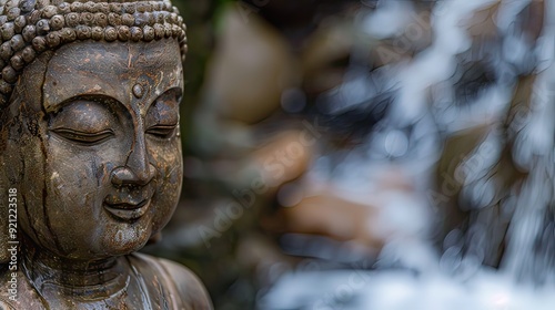 Buddha statue with a serene smile, set against a backdrop of a gently flowing waterfall. 