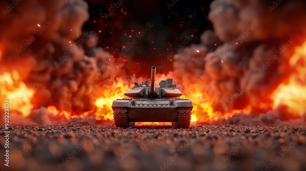 A military tank emerges triumphantly from a fiery battlefield, showcasing strength in a dramatic war setting. A military tank emerges triumphantly from a fiery battlefield, showcasing strength in a dramatic war setting.
