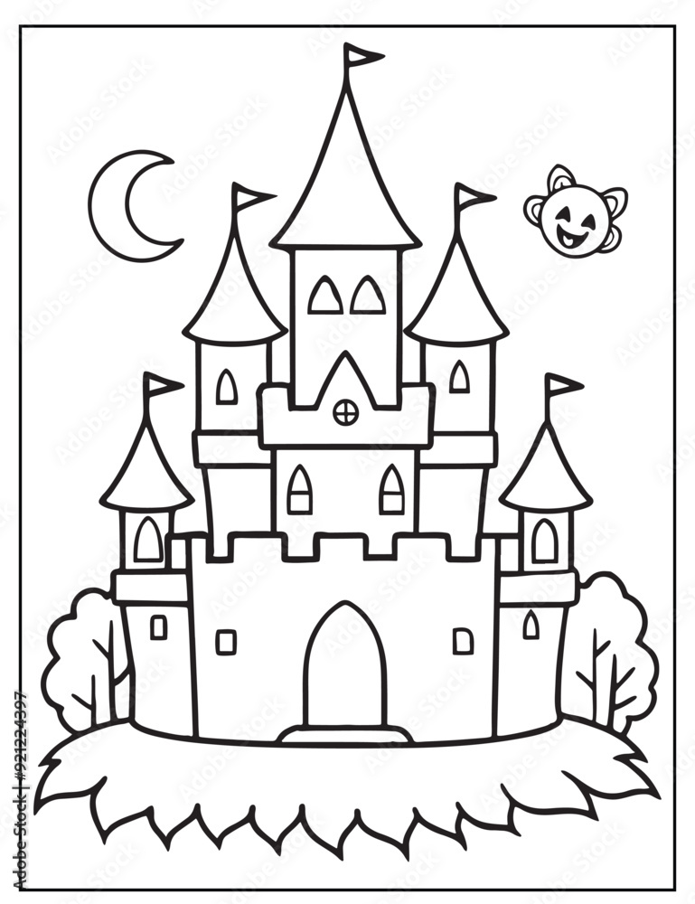 Fototapeta premium Halloween Vampire's Castle line art, Black and white art