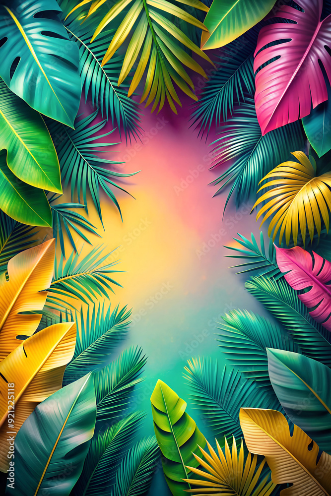 Fototapeta premium Dreamy Tropical Background. Vibrant Leaves on a Pink, Yellow, and Teal Gradient.