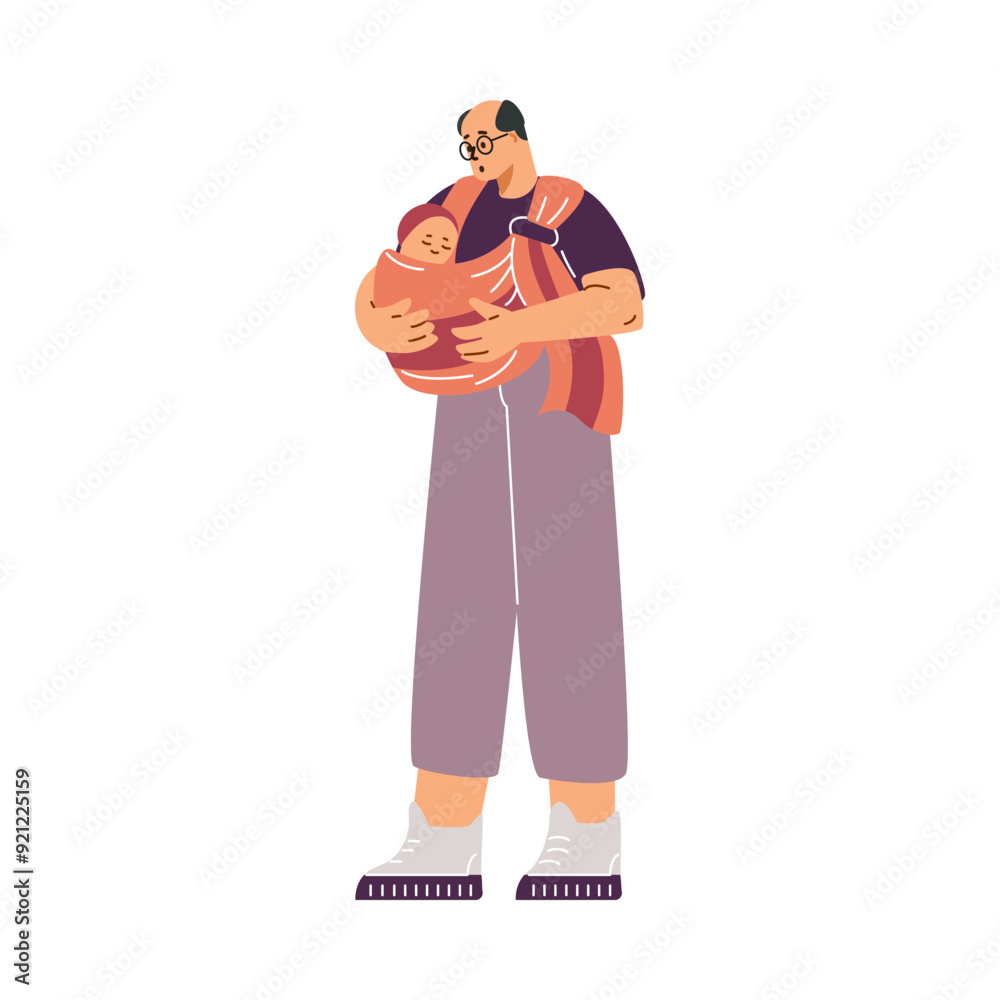 Vector illustration of a caring father carrying a baby in a sling. Vector illustration of a caring father carrying a baby in a sling.