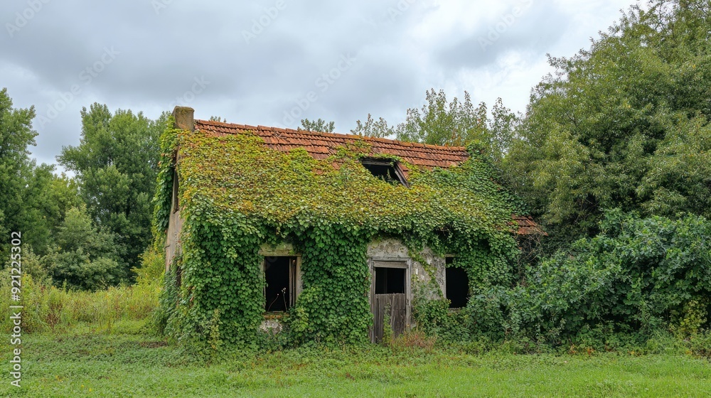 A house with ivy growing on it is in a field A house with ivy growing on it is in a field
